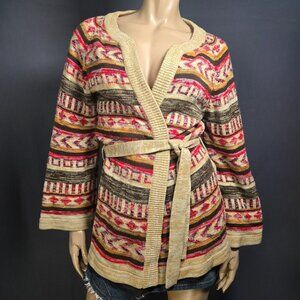 Vintage 70s Boho Belted Cardigan Womens Size S Beige Aztec Print Flared Sleeves